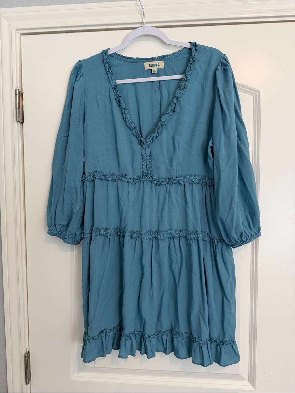 Dusty Teal Ruffle Tiered V-Neck Dress